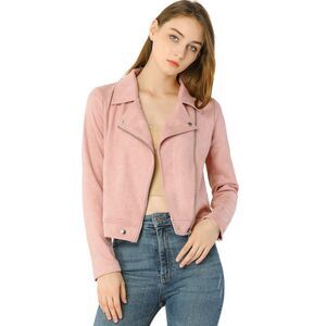 Women's Short Soft Zip Up Faux Suede Biker Moto Jacket Pink